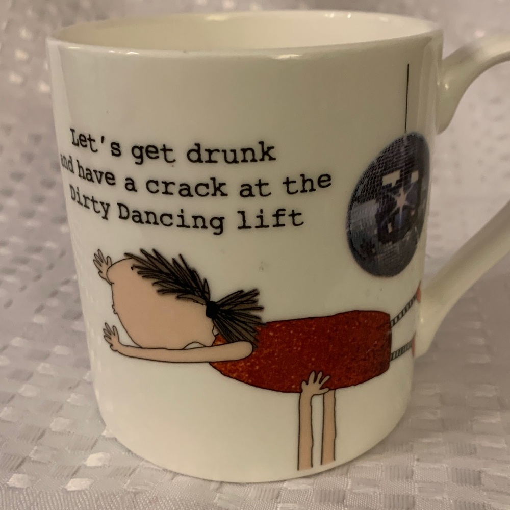 Funny mug featuring a woman being held up in the air in a Dirty Dancing move.